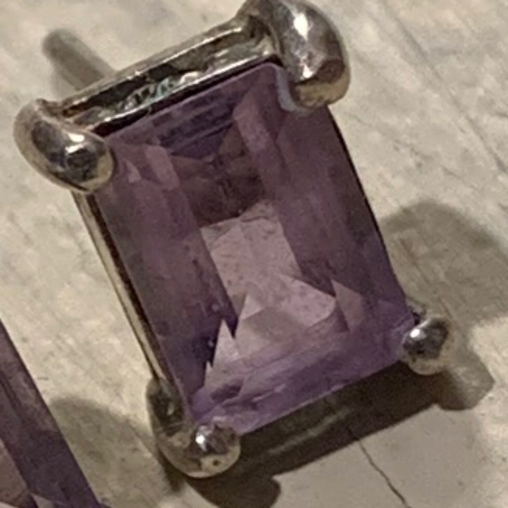 Vintage 925 Amethyst Post Earrings Emerald Cut Quality Stones - Picture 6 of 7
